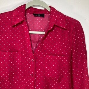 IN San Francisco Red White Polka Dot Roll Tab Sleeve Button Up Blouse Top